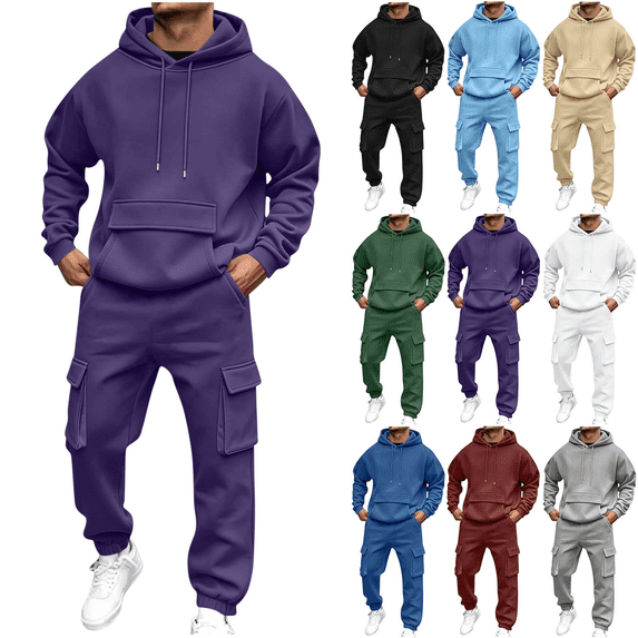 Liuinsasek Two-Piece Sweatsuits for Men Solid Casual Pullover Hooded Sports Clothe Long Sleeve and Trousers with Elastic Waist Multiple Pockets for Jogger