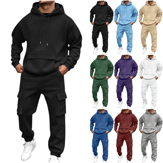 Liuinsasek Two-Piece Sweatsuits for Men Solid Casual Pullover Hooded Sports Clothe Long Sleeve and Trousers with Elastic Waist Multiple Pockets for Jogger