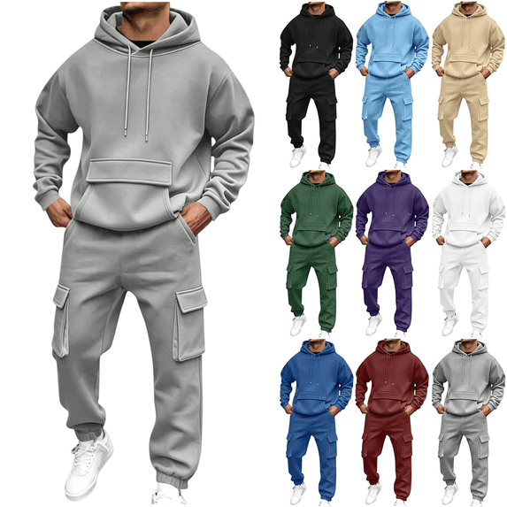 Liuinsasek Two-Piece Sweatsuits for Men Solid Casual Pullover Hooded Sports Clothe Long Sleeve and Trousers with Elastic Waist Multiple Pockets for Jogger