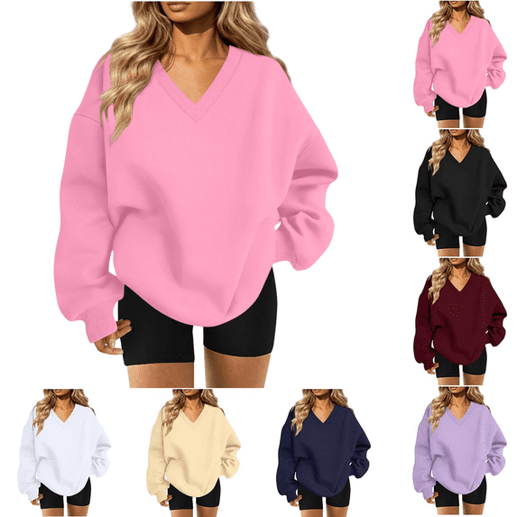Liuinsasek V Neck Oversized Drop Soulder Sweatshirt for Women Solid Pullover Comfortable Top Fashion Casual Long Sleeve Winter clothes
