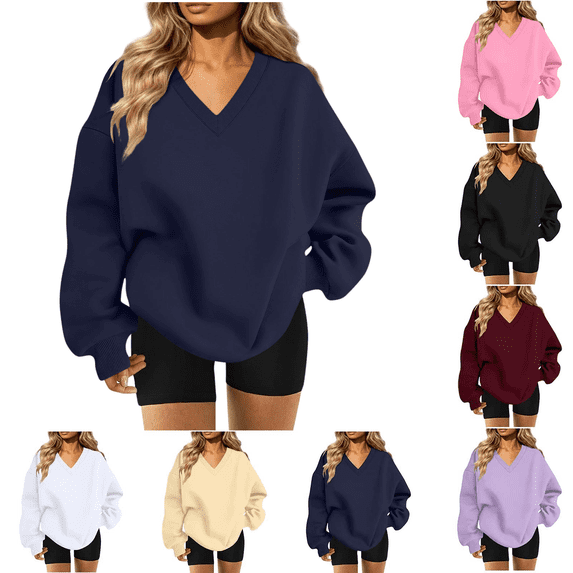 Liuinsasek V Neck Oversized Drop Soulder Sweatshirt for Women Solid Pullover Comfortable Top Fashion Casual Long Sleeve Winter clothes