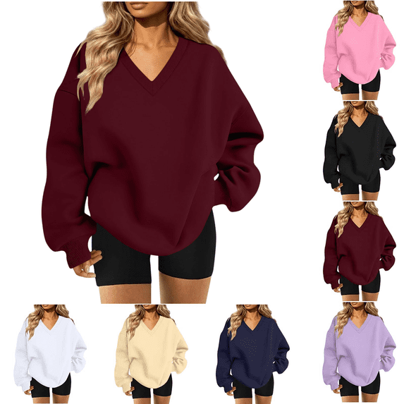 Liuinsasek V Neck Oversized Drop Soulder Sweatshirt for Women Solid Pullover Comfortable Top Fashion Casual Long Sleeve Winter clothes