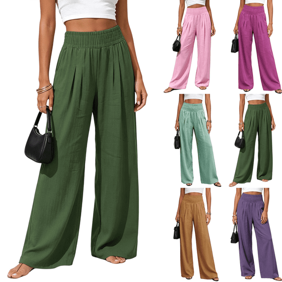 Liuinsasek Wide Leg Pants for Women Fashionable Casual Loose-Fit Pants with Elastic Waistband Comfortable High-Waisted for Spring Summer