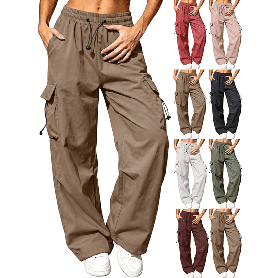 Liuinsasek Women's Cargo Pants Solid Color High-Waisted Wide-Leg Casual Length Pants Adjustable Elastic Waistband with Pockets|For Sports and Fitness