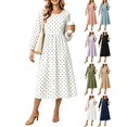 thumbnail image 1 of Liuinsasek Women's Casual Dresses Fashion Polka Dots Round Neck Long Sleeve Dress Elastic Cuffs Pleated Waist Fall Dresses for Travel, Daily, Wedding Guest, Date, 1 of 5