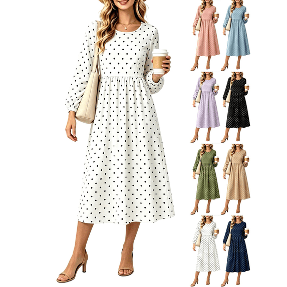 Liuinsasek Women's Casual Dresses Fashion Polka Dots Round Neck Long Sleeve Dress Elastic Cuffs Pleated Waist Fall Dresses for Travel, Daily, Wedding Guest, Date