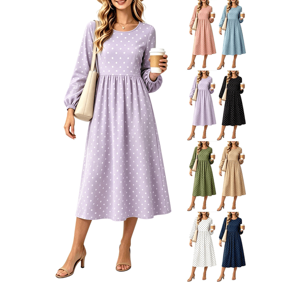 Liuinsasek Women's Casual Dresses Fashion Polka Dots Round Neck Long Sleeve Dress Elastic Cuffs Pleated Waist Fall Dresses for Travel, Daily, Wedding Guest, Date