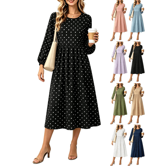 Liuinsasek Women's Casual Dresses Fashion Polka Dots Round Neck Long Sleeve Dress Elastic Cuffs Pleated Waist Fall Dresses for Travel, Daily, Wedding Guest, Date
