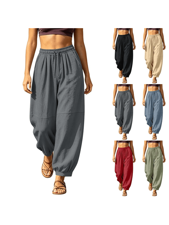 Women's Casual Long Pants Solid Color Pocket Drawstring Elastic Waist Comfortable Trousers Tourist for Spring or Fall