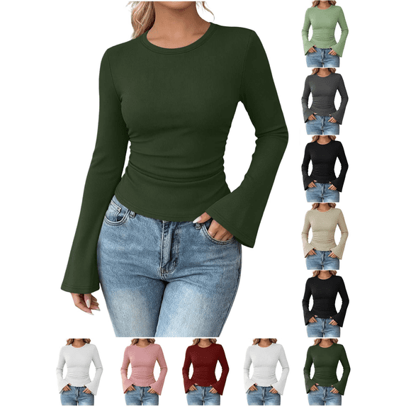 Liuinsasek Women's Casual Long-Sleeve Top Solid Color Fashion Ribbed Fitted Round Neck Flared Sleeve Pullover Tops Going Out Basic Fall Winter Stylish Outfits
