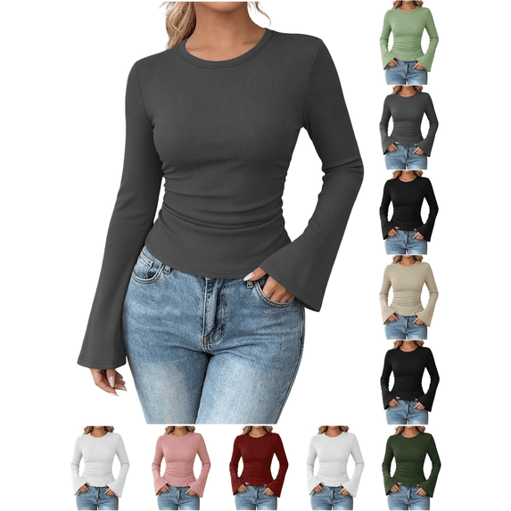 Liuinsasek Women's Casual Long-Sleeve Top Solid Color Fashion Ribbed Fitted Round Neck Flared Sleeve Pullover Tops Going Out Basic Fall Winter Stylish Outfits