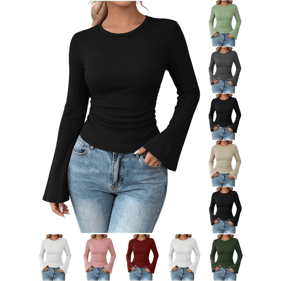 Liuinsasek Women's Casual Long-Sleeve Top Solid Color Fashion Ribbed Fitted Round Neck Flared Sleeve Pullover Tops Going Out Basic Fall Winter Stylish Outfits