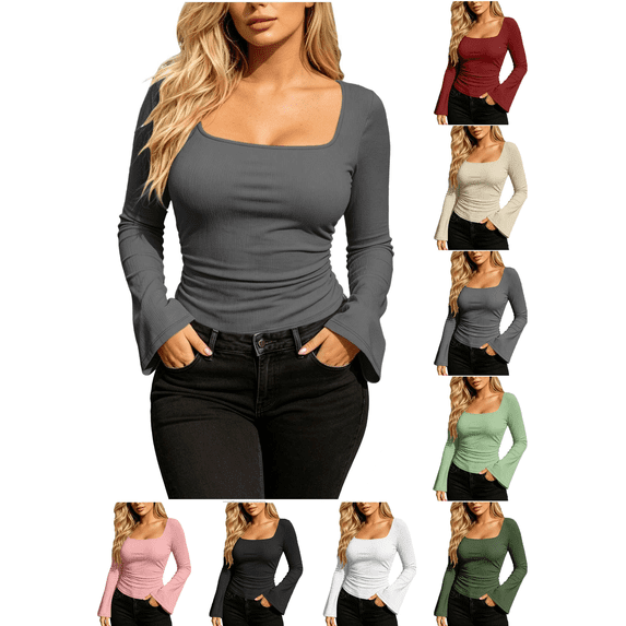Liuinsasek Women's Casual Long-Sleeve Top Solid Color Fashion Ribbed Fitted Square Neck Flared Sleeve Pullover Tops Going Out Basic Fall Winter Stylish Outfits