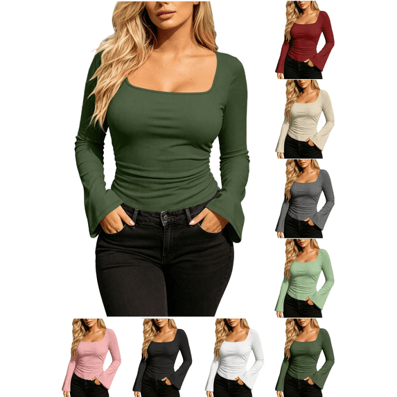 Liuinsasek Women's Casual Long-Sleeve Top Solid Color Fashion Ribbed Fitted Square Neck Flared Sleeve Pullover Tops Going Out Basic Fall Winter Stylish Outfits
