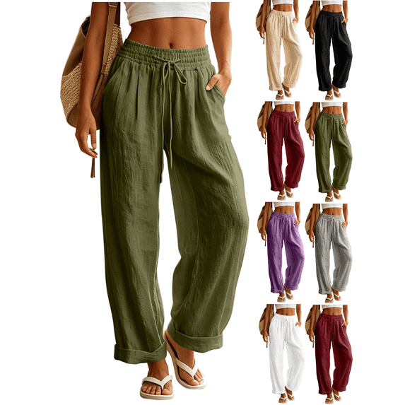 Liuinsasek Women's Cotton-Linen Pants Fashion Casual Solid High Waist Pocket Ladies Long Pants Lightweight Flowing Drawstring Elastic Waist Loose Pants Vacation Travel Resort Wear