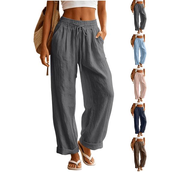 Liuinsasek Women's Cotton-Linen Pants Fashion Casual Solid High Waist Pocket Ladies Long Pants Lightweight Flowing Drawstring Elastic Waist Loose Pants Vacation Travel Resort Wear
