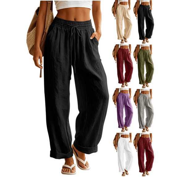 Liuinsasek Women's Cotton-Linen Pants Fashion Casual Solid High Waist Pocket Ladies Long Pants Lightweight Flowing Drawstring Elastic Waist Loose Pants Vacation Travel Resort Wear
