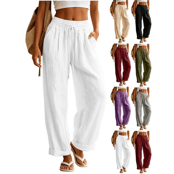 Liuinsasek Women's Cotton-Linen Pants Fashion Casual Solid High Waist Pocket Ladies Long Pants Lightweight Flowing Drawstring Elastic Waist Loose Pants Vacation Travel Resort Wear