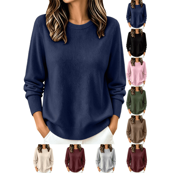 Liuinsasek Women's Crew-Neck Knit Sweater Solid Color Casual Long-Sleeved Loose-Fit Basic Pullover Easy Layering Piece ,Fashion Winter Outfits,Cozy Lounge Wear