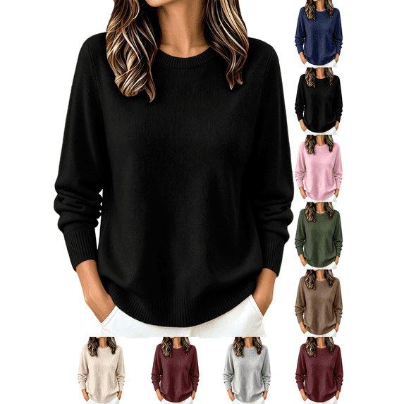 Liuinsasek Women's Crew-Neck Knit Sweater Solid Color Casual Long-Sleeved Loose-Fit Basic Pullover Easy Layering Piece ,Fashion Winter Outfits,Cozy Lounge Wear