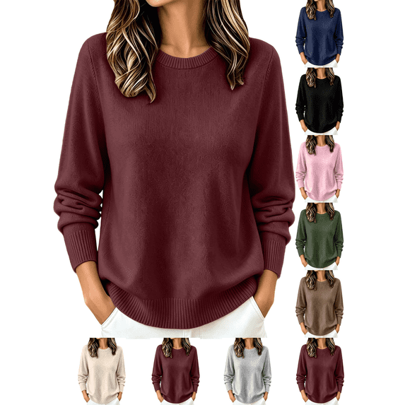 Liuinsasek Women's Crew-Neck Knit Sweater Solid Color Casual Long-Sleeved Loose-Fit Basic Pullover Easy Layering Piece ,Fashion Winter Outfits,Cozy Lounge Wear