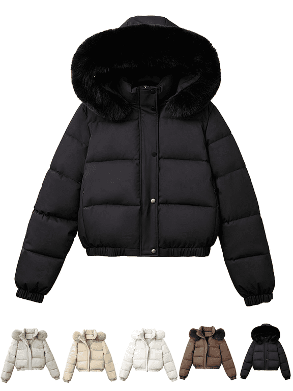 Women's Cropped Puffer Jacket Casual Solid Color Faux Fur Hooded Fleece Lined Zip Up Snap Buttons Winter Coat Bubble Outwear for Travel, Ski, Work Wear