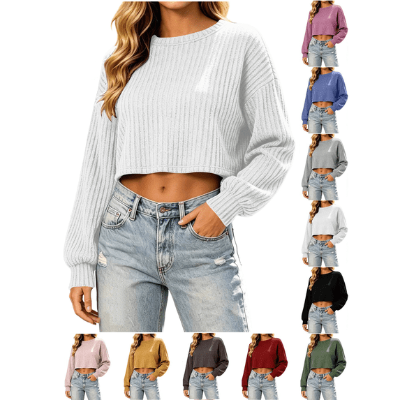 Liuinsasek Women's Cropped Top Long Sleeve Round-Neck Fashion Solid Color Pullover Fall/Winter Classic Casual and Comfortable Ribbed Top Sweater