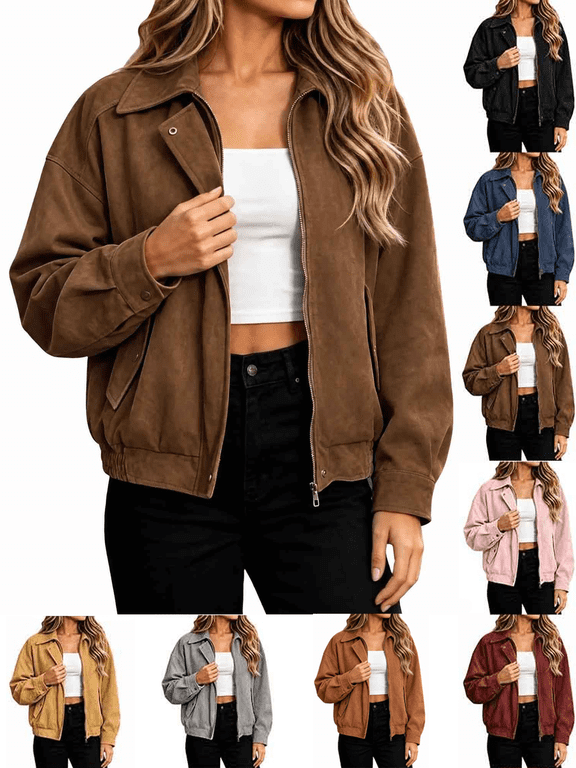 Women's Fall Casual Jacket Trendy Solid Faux Suede Oversized Lapel Zip Front Bomber Jacket Elastic Hem with Pockets for Going Out, Work, Travel