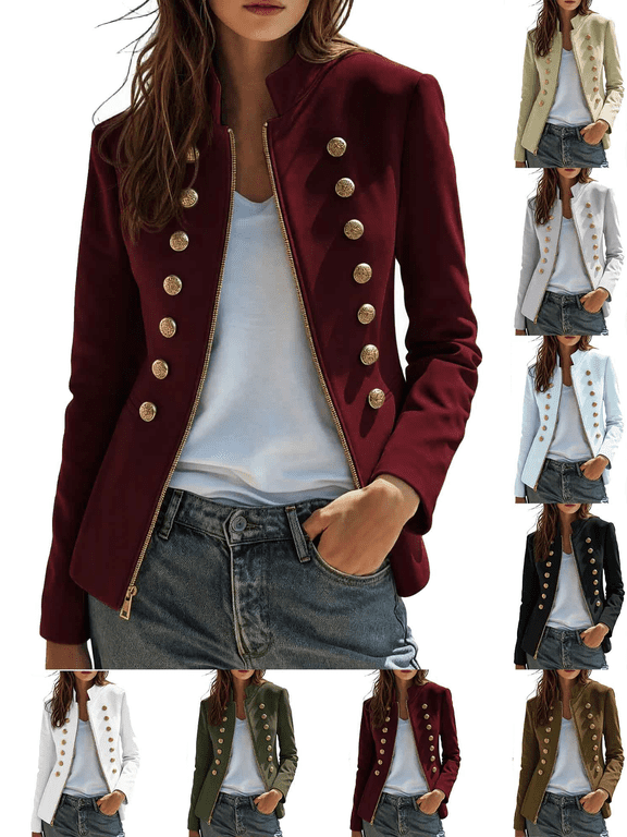 Women's Fall Trendy Jacket Casual Solid Color Stand Up Collar Full Zipper Long Sleeve Napoleon Jacket with Lining, Pocket and Shoulder Pads