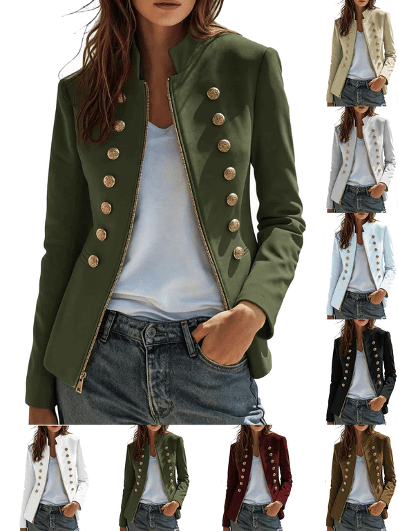 Women's Fall Trendy Jacket Casual Solid Color Stand Up Collar Full Zipper Long Sleeve Napoleon Jacket with Lining, Pocket and Shoulder Pads