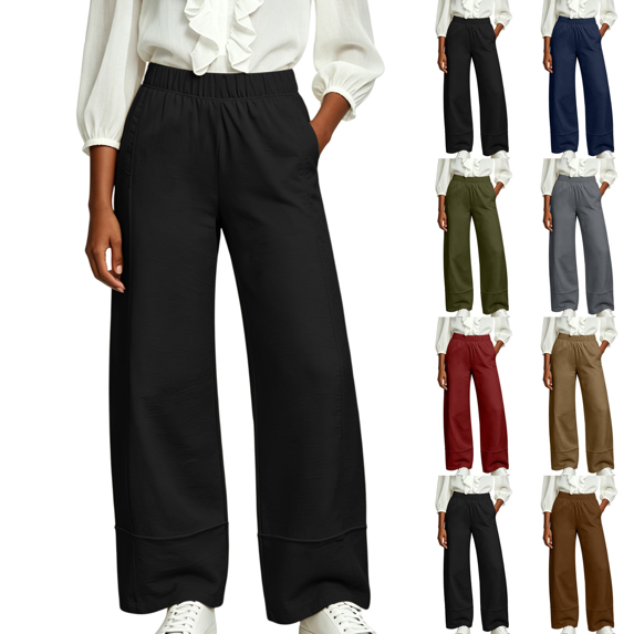Liuinsasek Women's High Waist Straight Wide-Leg Pants Fashionable Versatile Casual Solid Color Elastic-Waist with Pockets Spring Summer Outfits