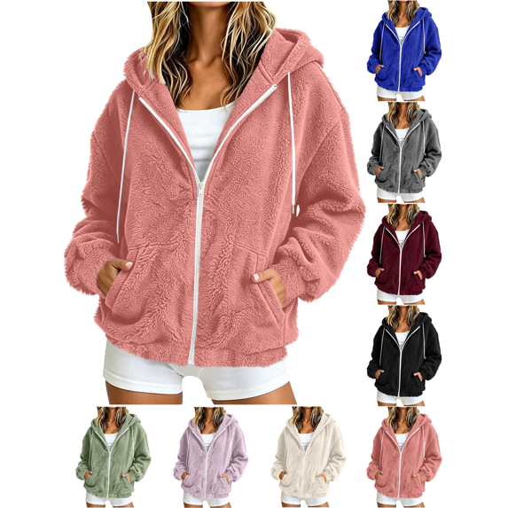 Liuinsasek Women's Hooded Fuzzy Outerwear Fashion Solid-Color Drawstring Long Sleeve Zip-Up Fleece Jacket with Pockets Casual Warm Winter Outerwear