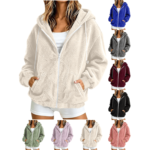 Liuinsasek Women's Hooded Fuzzy Outerwear Fashion Solid-Color Drawstring Long Sleeve Zip-Up Fleece Jacket with Pockets Casual Warm Winter Outerwear