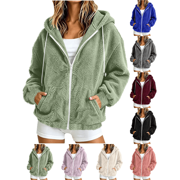 Liuinsasek Women's Hooded Fuzzy Outerwear Fashion Solid-Color Drawstring Long Sleeve Zip-Up Fleece Jacket with Pockets Casual Warm Winter Outerwear
