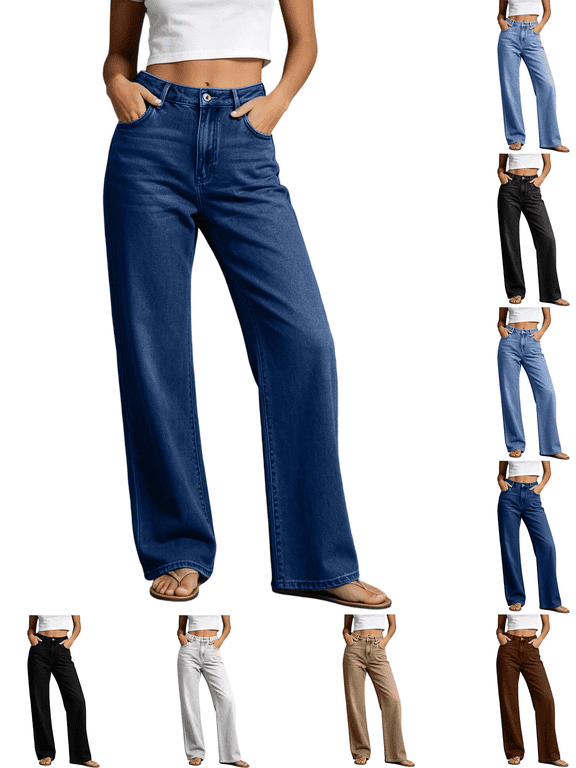 Women's Jeans Casual Solid Color Straight Cut High Waist Stretchy Denim Pants Fashion and All-Matching Basic Trousers with Pockets