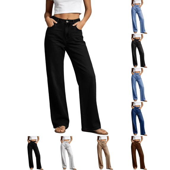 Liuinsasek Women's Jeans Casual Solid Color Straight Cut High Waist ...