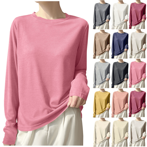 Liuinsasek Women's Long-Sleeve Top Knit Pullover Fashionable Thin Lightweight Solid-Color Round-Neck Base Layer Winter Outfits