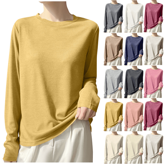 Liuinsasek Women's Long-Sleeve Top Knit Pullover Fashionable Thin Lightweight Solid-Color Round-Neck Base Layer Winter Outfits