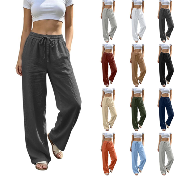 Liuinsasek Women's Loose-Fit Pants Elastic Waistband and Drawstring High-Waisted Stylish and Versatile Solid-Color with Pockets