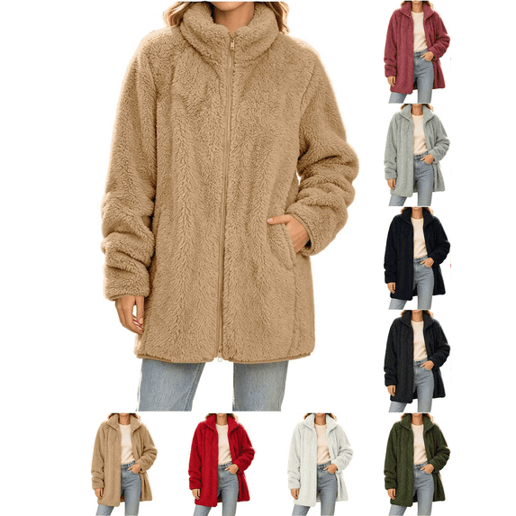 Liuinsasek Women's Loose Reversible Fleece Long Sleeve Outerwear Solid Casual Fashion Stand Collar Zipper Jacket with Pockets Winter Cozy Outfits