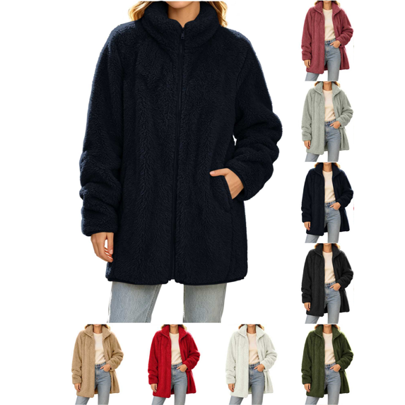 Liuinsasek Women's Loose Reversible Fleece Long Sleeve Outerwear Solid Casual Fashion Stand Collar Zipper Jacket with Pockets Winter Cozy Outfits