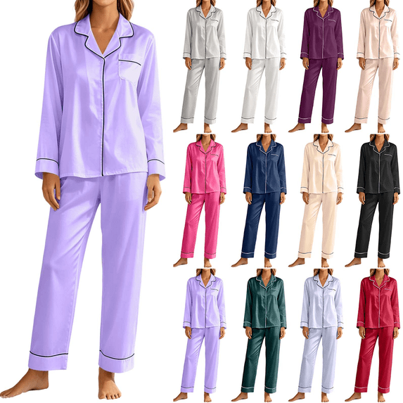 Liuinsasek Women's Loungewear Pajama Set Fashion Solid Color Long Sleeve Button Lapel Top Elastic Waist Pants 2 Piece Set