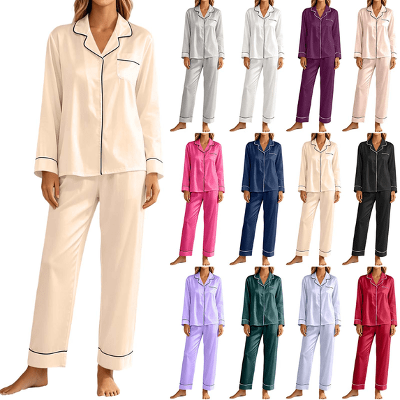 Liuinsasek Women's Loungewear Pajama Set Fashion Solid Color Long Sleeve Button Lapel Top Elastic Waist Pants 2 Piece Set
