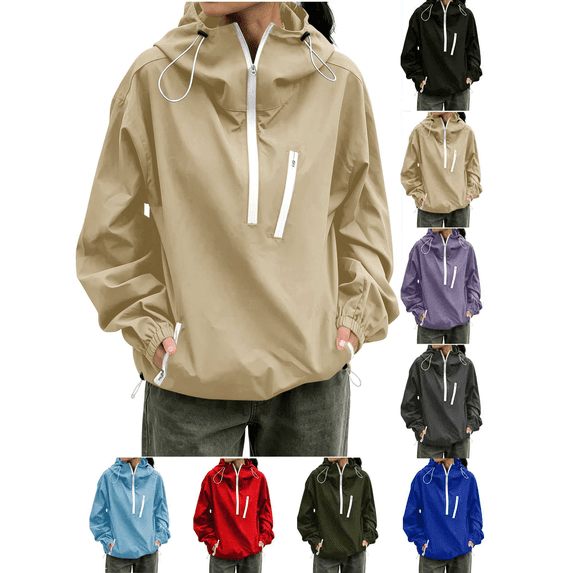 Liuinsasek Women's Mid-High Collar Hooded Windbreaker Fashion Solid Color Long-Sleeve Jacket with Drawstring and Pockets Casual Outdoor Outerwear Lightweight and Warm