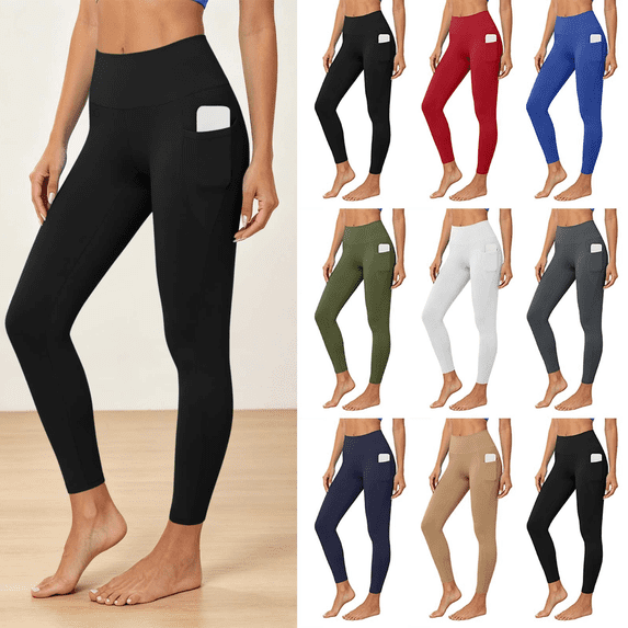 Liuinsasek Women's Pocket Yoga Pants Fashion Casual Solid-Color Long Pants High-Waisted Tight Fit for Workout Running