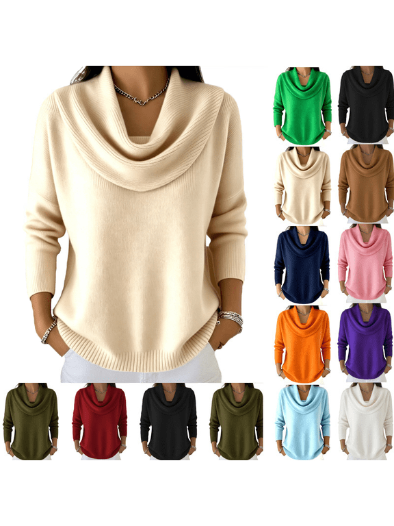 Women's Fall Sweater Fashion Casual Solid-Color Loose Cowl Neck Pullover Long-Sleeve Top Soft and Comfortable for Lounge, Going Out, Work Wear