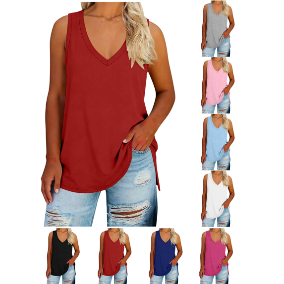 Liuinsasek Women's V-Neck Plus Size Tank Tops Fashionable Loose and Comfortable Casual Sleeveless Top Solid-Color Basic Undershirt for Summer