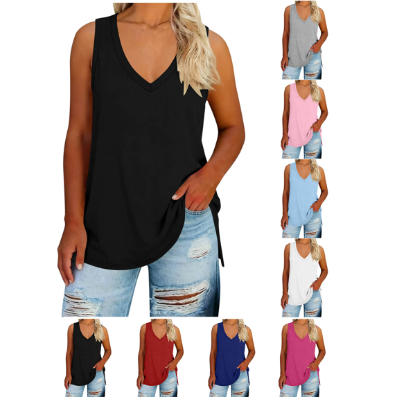 Liuinsasek Women's V-Neck Plus Size Tank Tops Fashionable Loose and Comfortable Casual Sleeveless Top Solid-Color Basic Undershirt for Summer