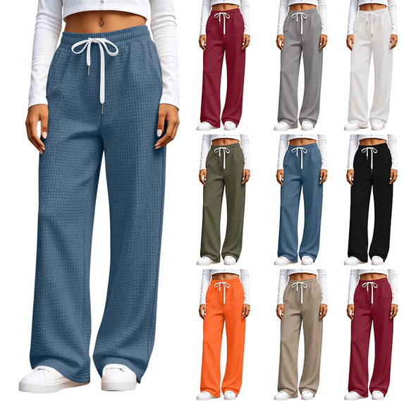 Liuinsasek Women's Waffle Pattern Wide Leg Pants Fashion Casual Solid Color Drawstring Elastic Waist Comfy Loose Lounge Pants Winter style with Pockets