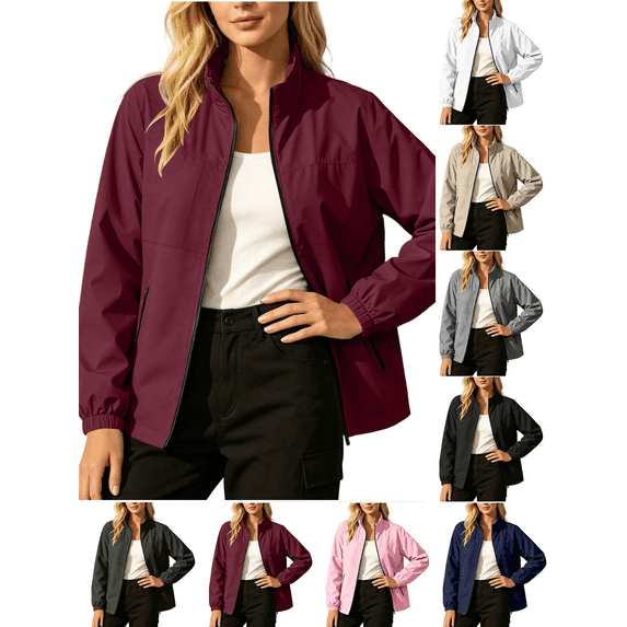 Liuinsasek Women's Waterproof Windbreaker Jacket Long Sleeves Stand-Up Collar Full Zip Closure and Multiple Pockets Everyday Versatile for Outdoor Hiking and Trekking